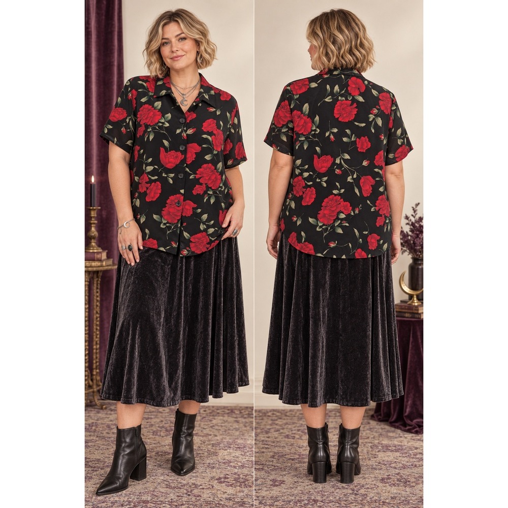 Whimsigoth Boho Y2K 90s Black Red Rose Floral Button Down Short Sleeve 14 Top
